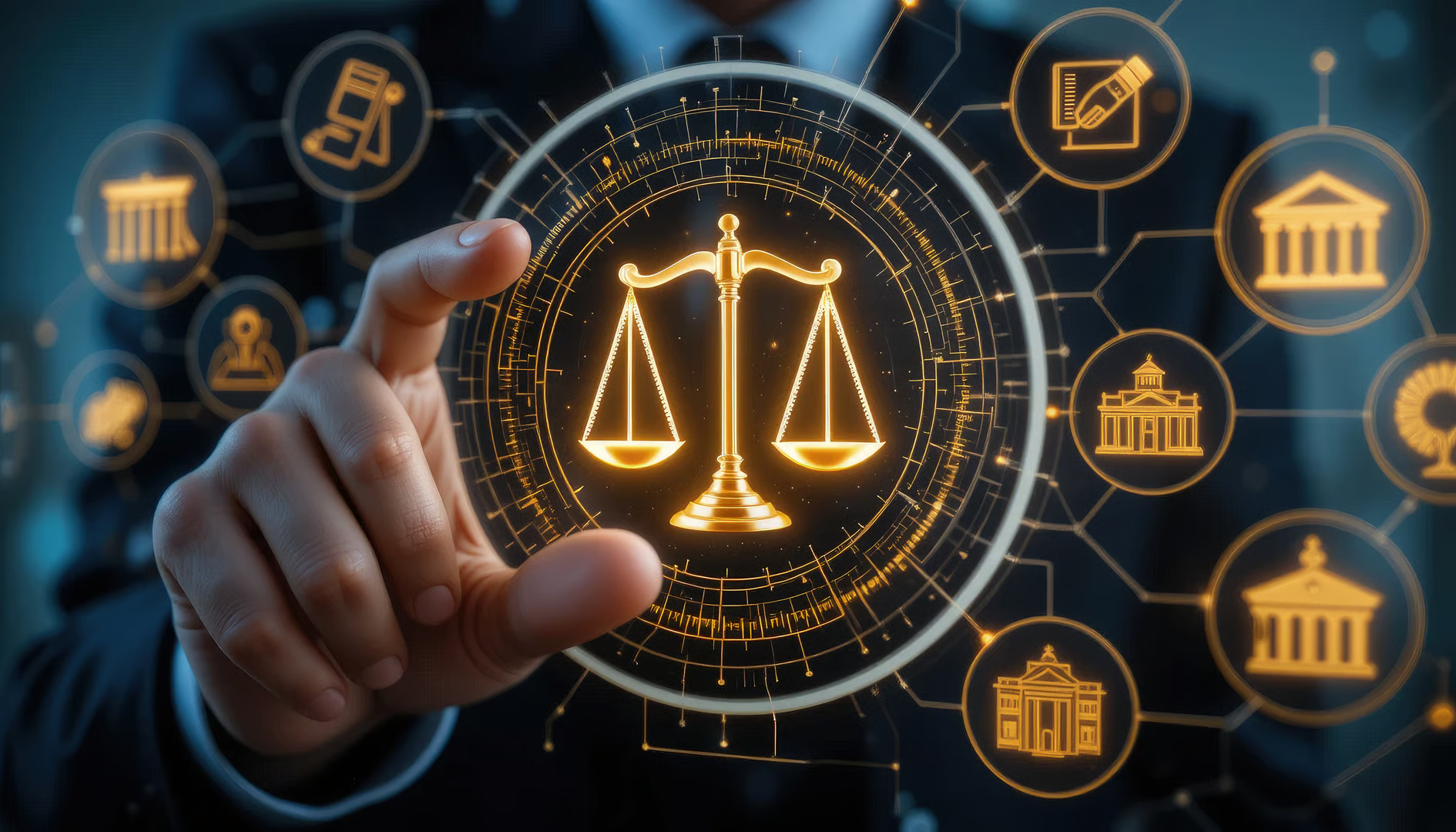 Legal Professional with Justice Icons. A suited legal professional touches virtual icons symbolizing law, justice, and legal services. business legislation, Notary public, legal advice online, Lawyer